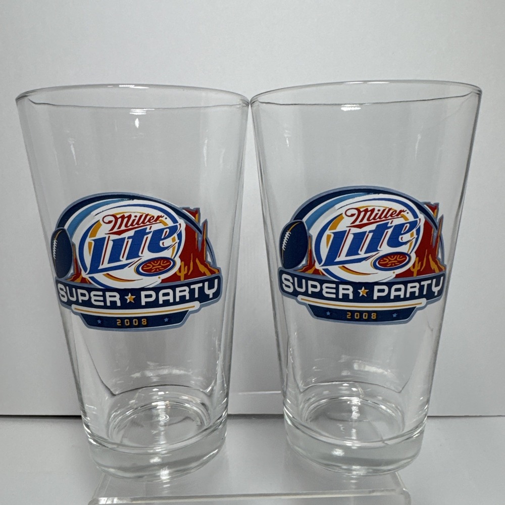 2008 Super Bowl Party Miller Lite Collectible Beer Glass Set of 2 Pint Glasses
